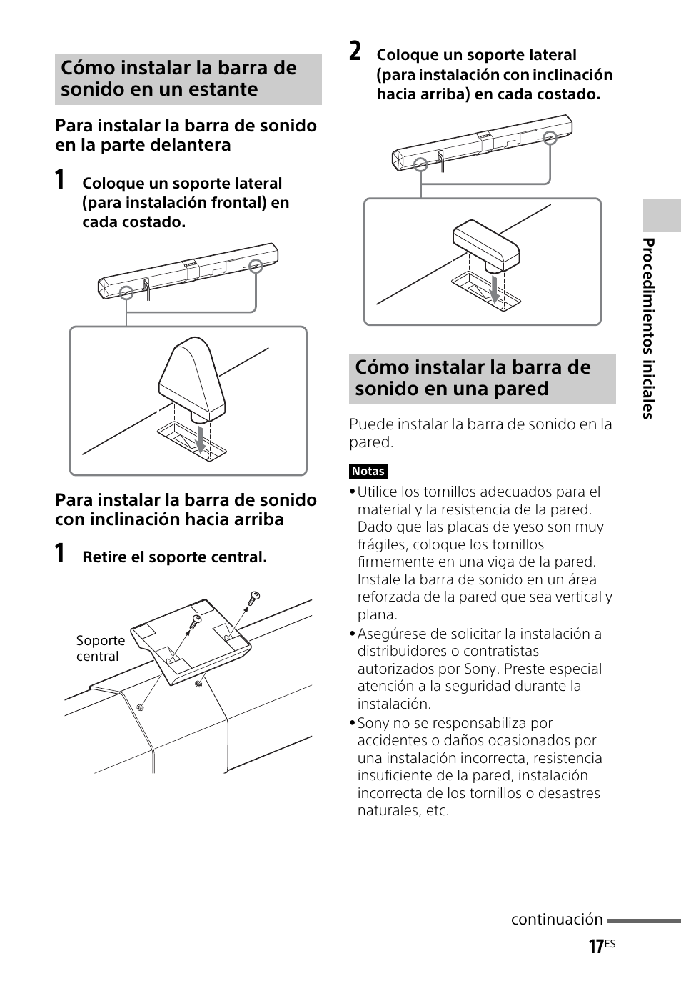 Cómo instalar la barra de sonido en un estante, Cómo instalar la barra de sonido en una pared | Sony HT-CT660 User Manual | Page 91 / 112