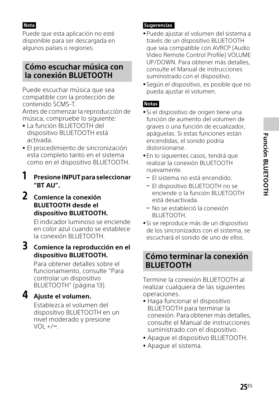 Cómo escuchar música con la conexión bluetooth, Cómo terminar la conexión bluetooth | Sony HT-CT660 User Manual | Page 99 / 112