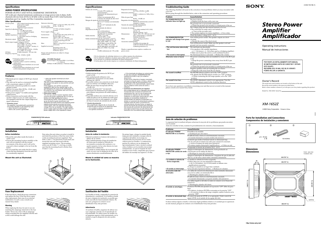 Sony XM-1652Z User Manual | 2 pages