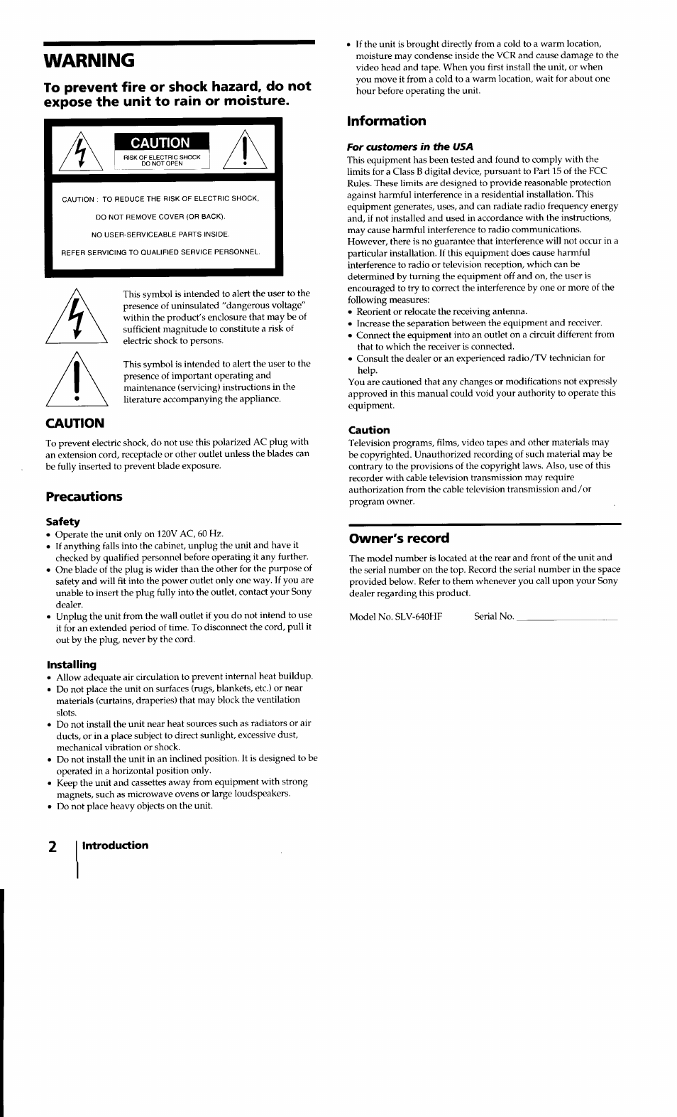 Warning, Caution, Precautions | Safety, Information, Owner's record, Installing | Sony SLV-640HF User Manual | Page 2 / 47