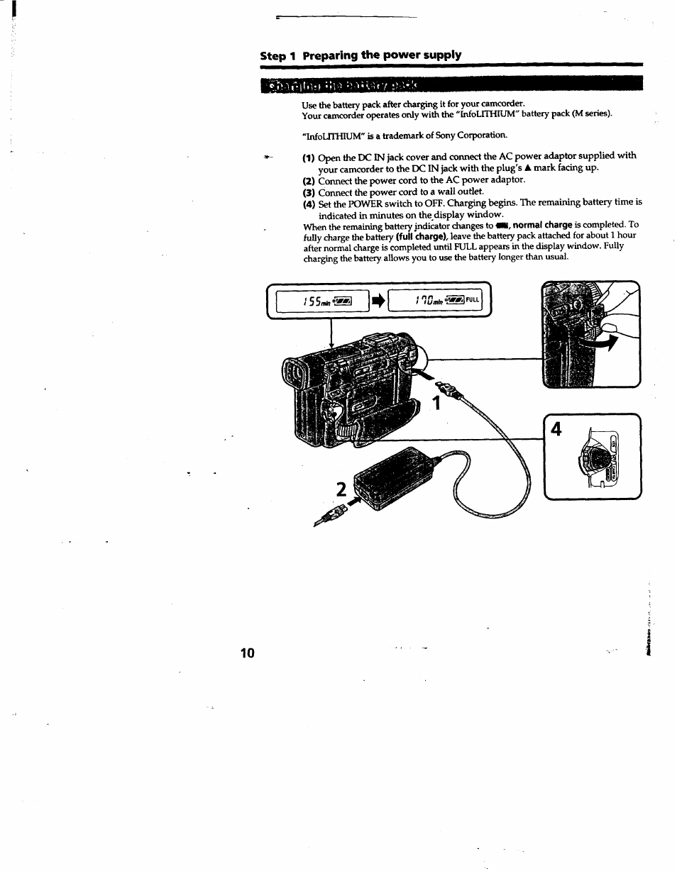 Step 1 preparing the power supply | Sony DCR-TRV10 User Manual | Page 10 / 163