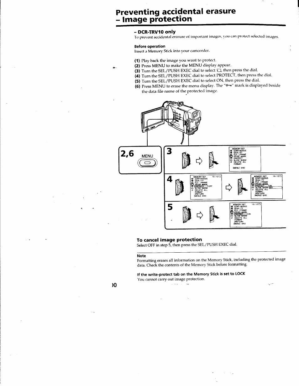 Preventing accidental erasure - image protection, Dcr-trv10 only, To cancel image protection | 0l^2td | Sony DCR-TRV10 User Manual | Page 100 / 163