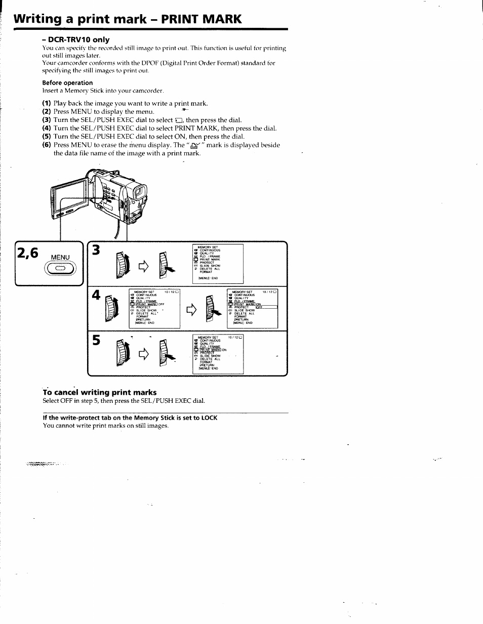 Writing a print mark - print mark, Dcr-trv10 only, Before operation | To cancel writing print marks | Sony DCR-TRV10 User Manual | Page 101 / 163