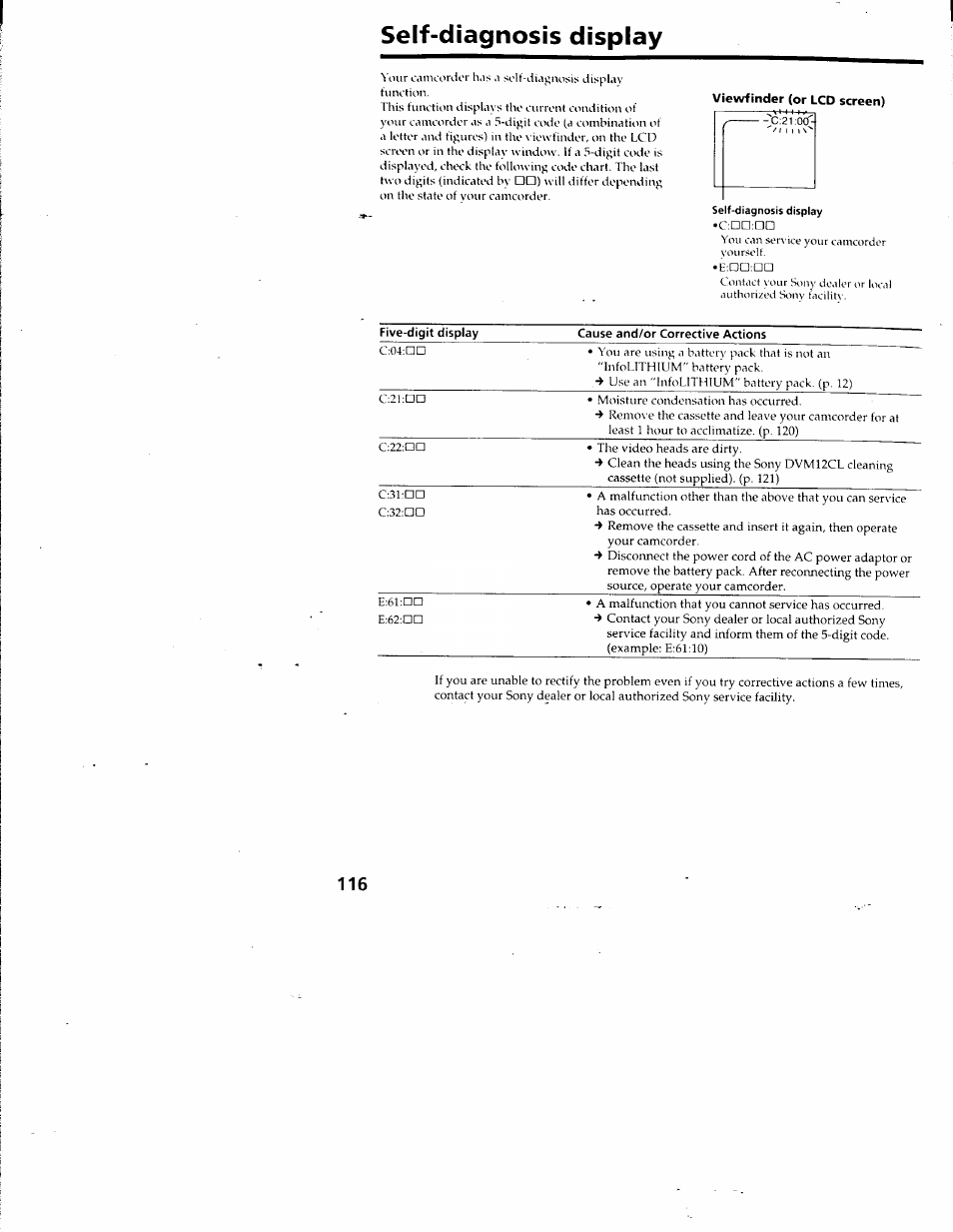 Self-diagnosis display | Sony DCR-TRV10 User Manual | Page 115 / 163