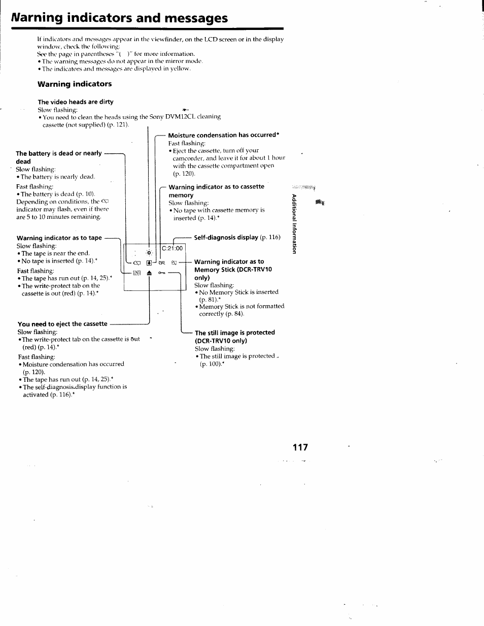 A/arning indicators and messages, Warning indicators | Sony DCR-TRV10 User Manual | Page 116 / 163