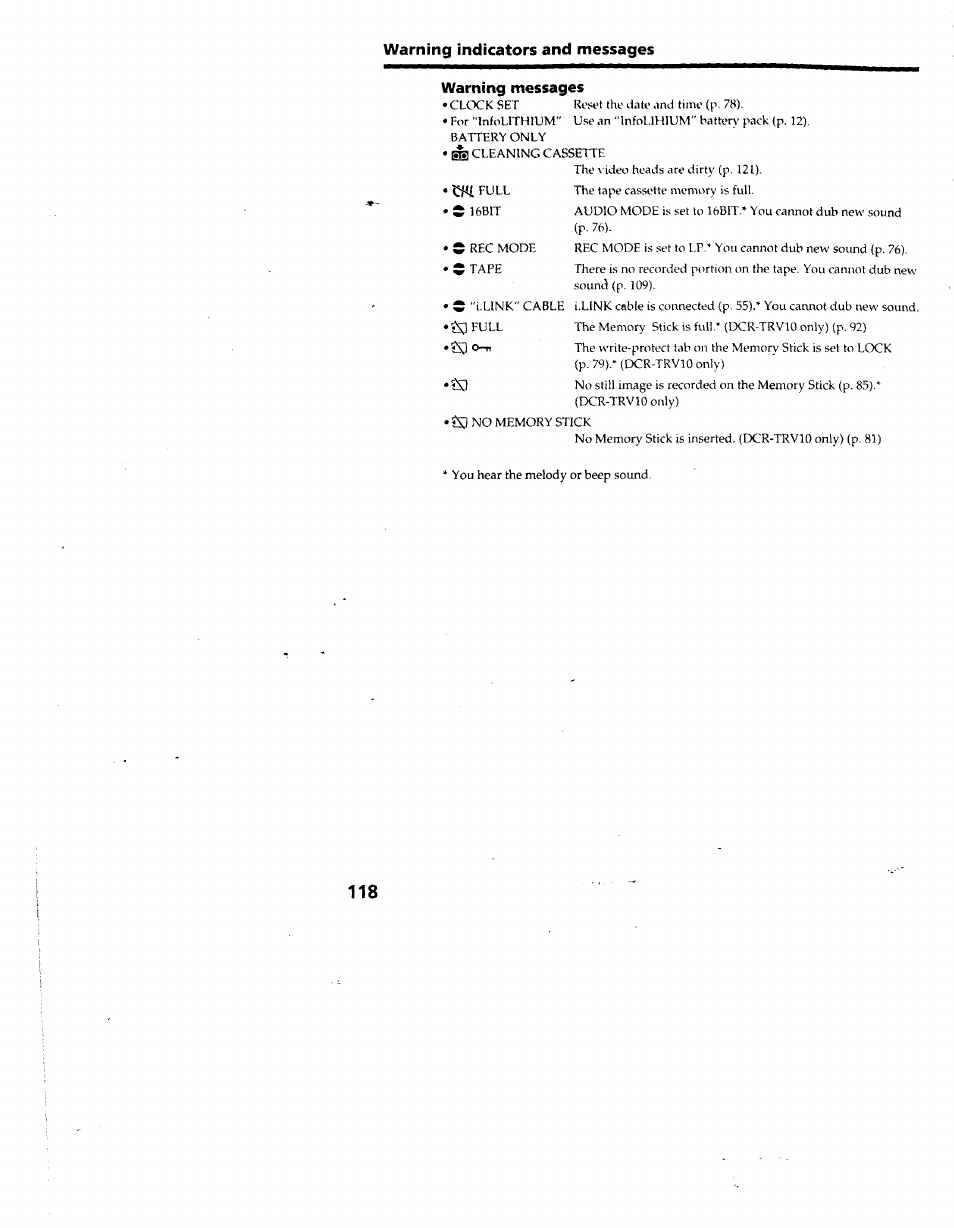Warning messages | Sony DCR-TRV10 User Manual | Page 117 / 163