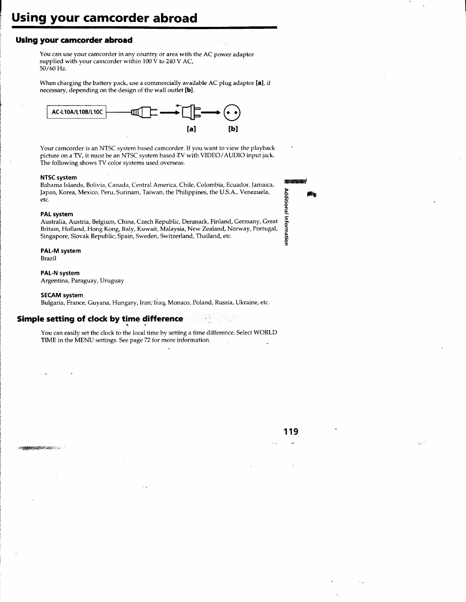 Using your camcorder abroad, Ac-l10a/l10b/l10c, Ntsc system | Pal system, Pal-m system, Pal-n system, Secam system, Simple setting of clock by time difference | Sony DCR-TRV10 User Manual | Page 118 / 163