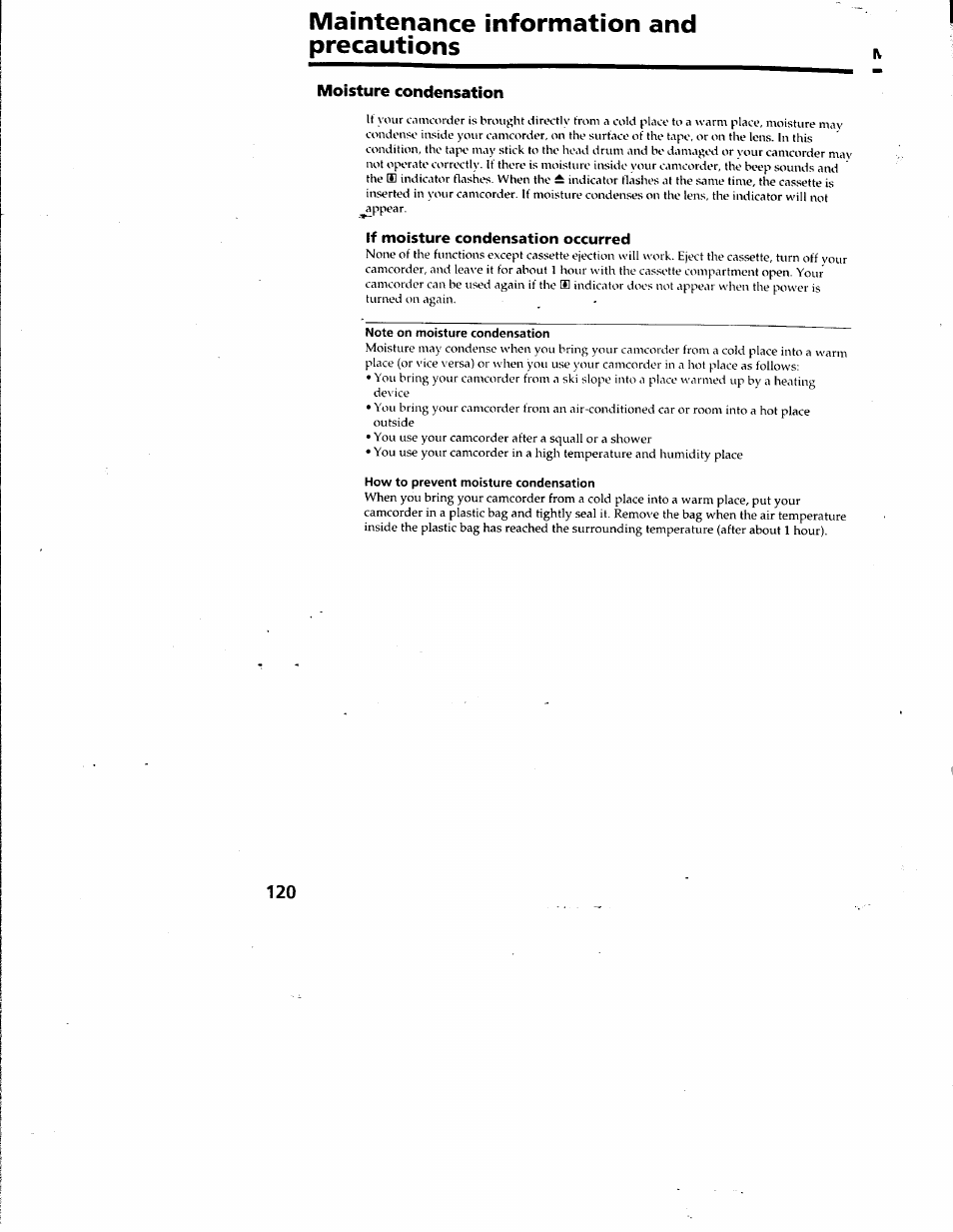 Maintenance information and precautions, Moisture condensation, If moisture condensation occurred | Sony DCR-TRV10 User Manual | Page 119 / 163