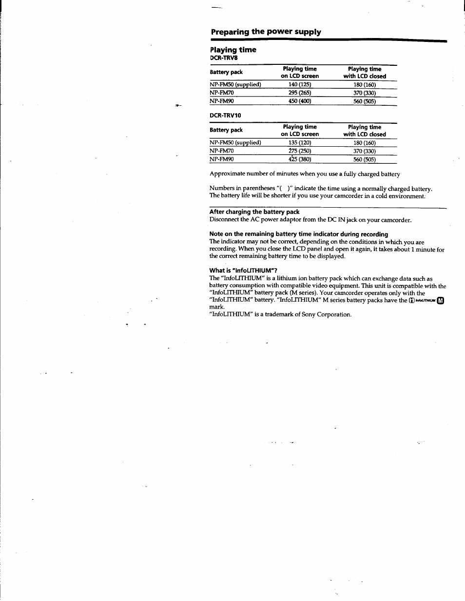 Playing time, Preparing the power supply playing time | Sony DCR-TRV10 User Manual | Page 12 / 163