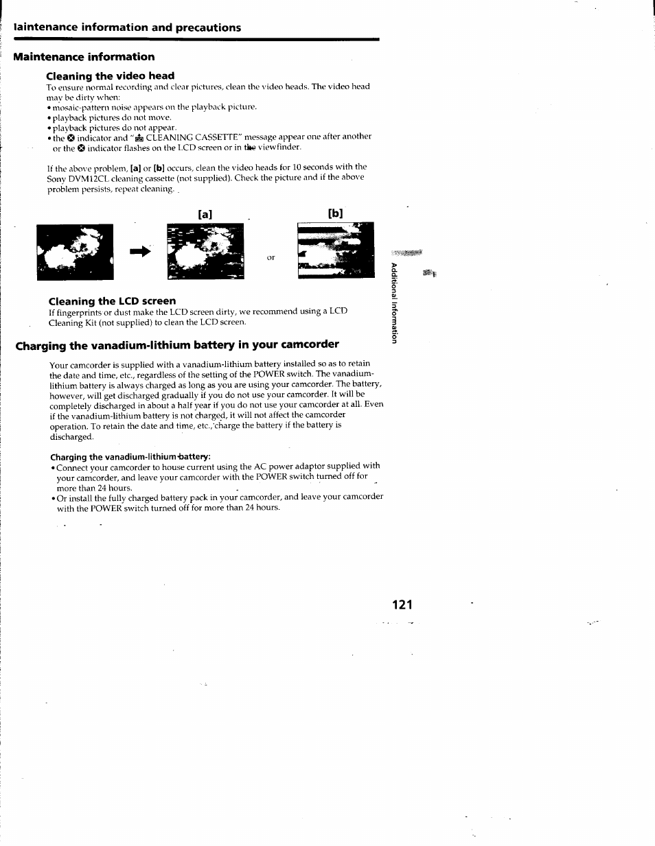 Maintenance information, Cleaning the video head, Cleaning the lcd screen | Sony DCR-TRV10 User Manual | Page 120 / 163