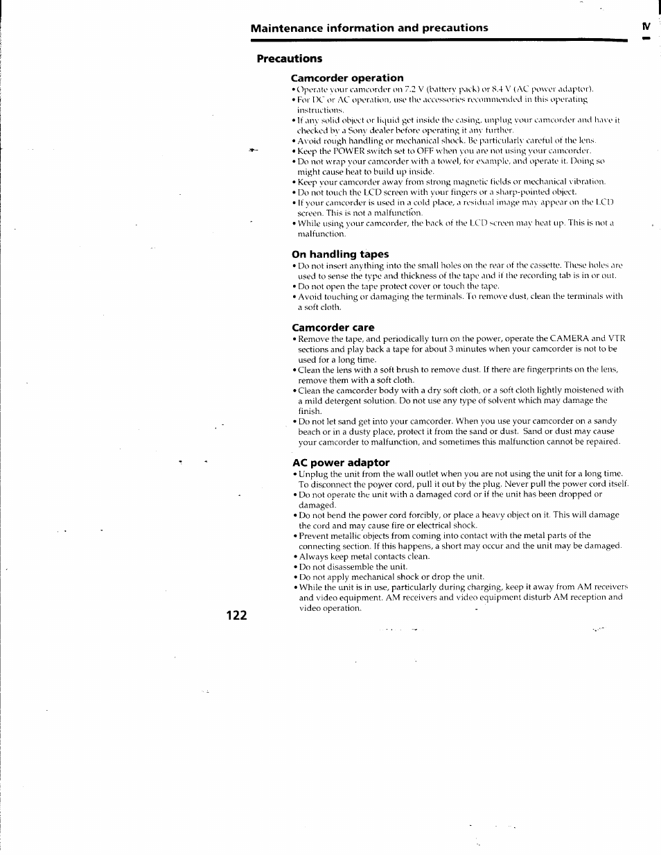 Precautions, Camcorder operation, On handling tapes | Camcorder care, Ac power adaptor | Sony DCR-TRV10 User Manual | Page 121 / 163