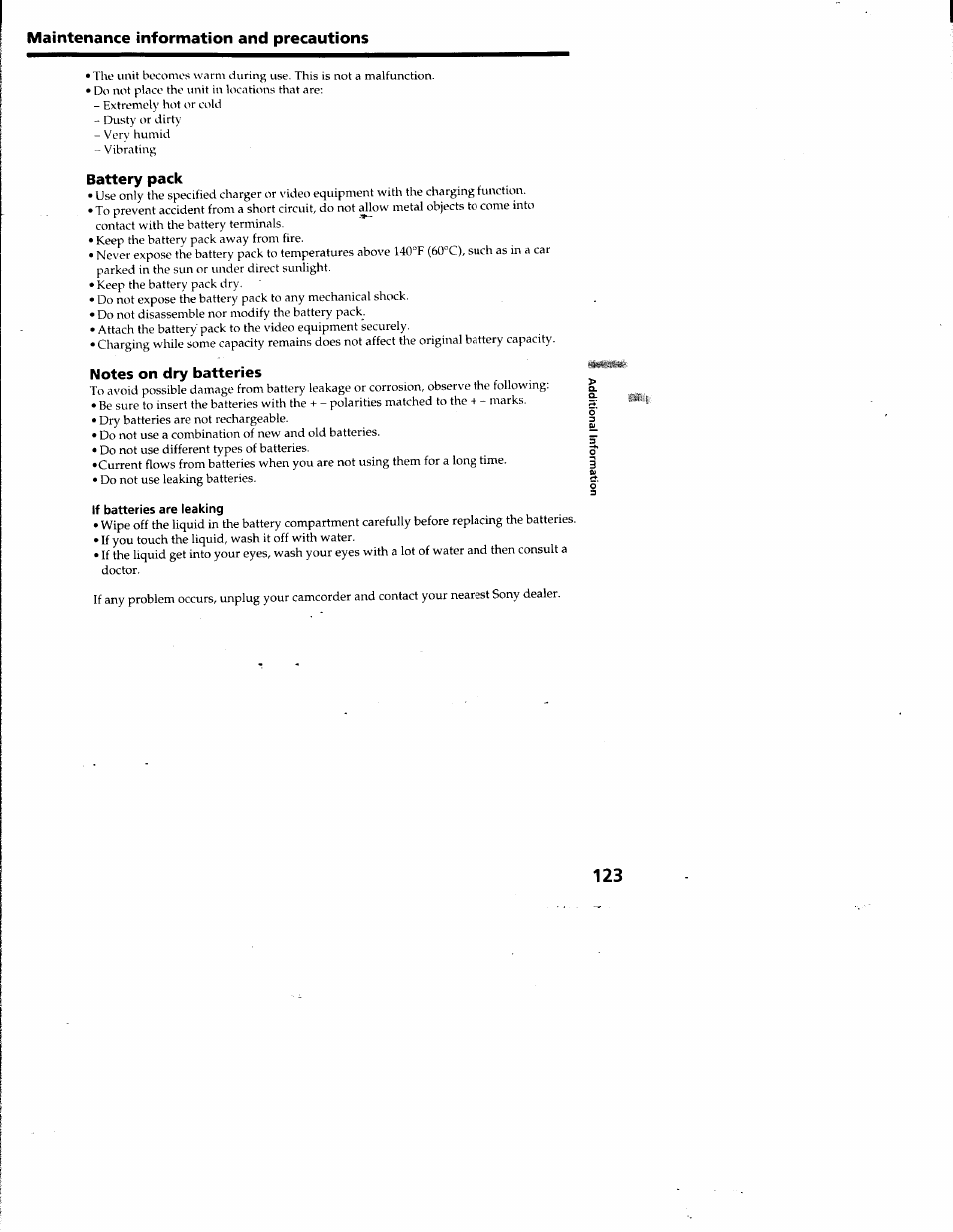 Battery pack, Notes on dry batteries, If batteries are leaking | Sony DCR-TRV10 User Manual | Page 122 / 163