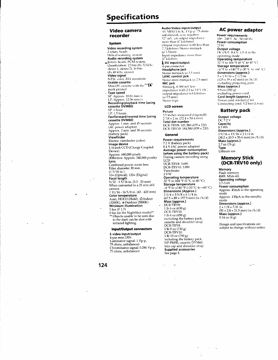 Specifications, Video camera recorder, Ac power adaptor | Battery pack, Memory stick (dcr-trvio only) | Sony DCR-TRV10 User Manual | Page 123 / 163