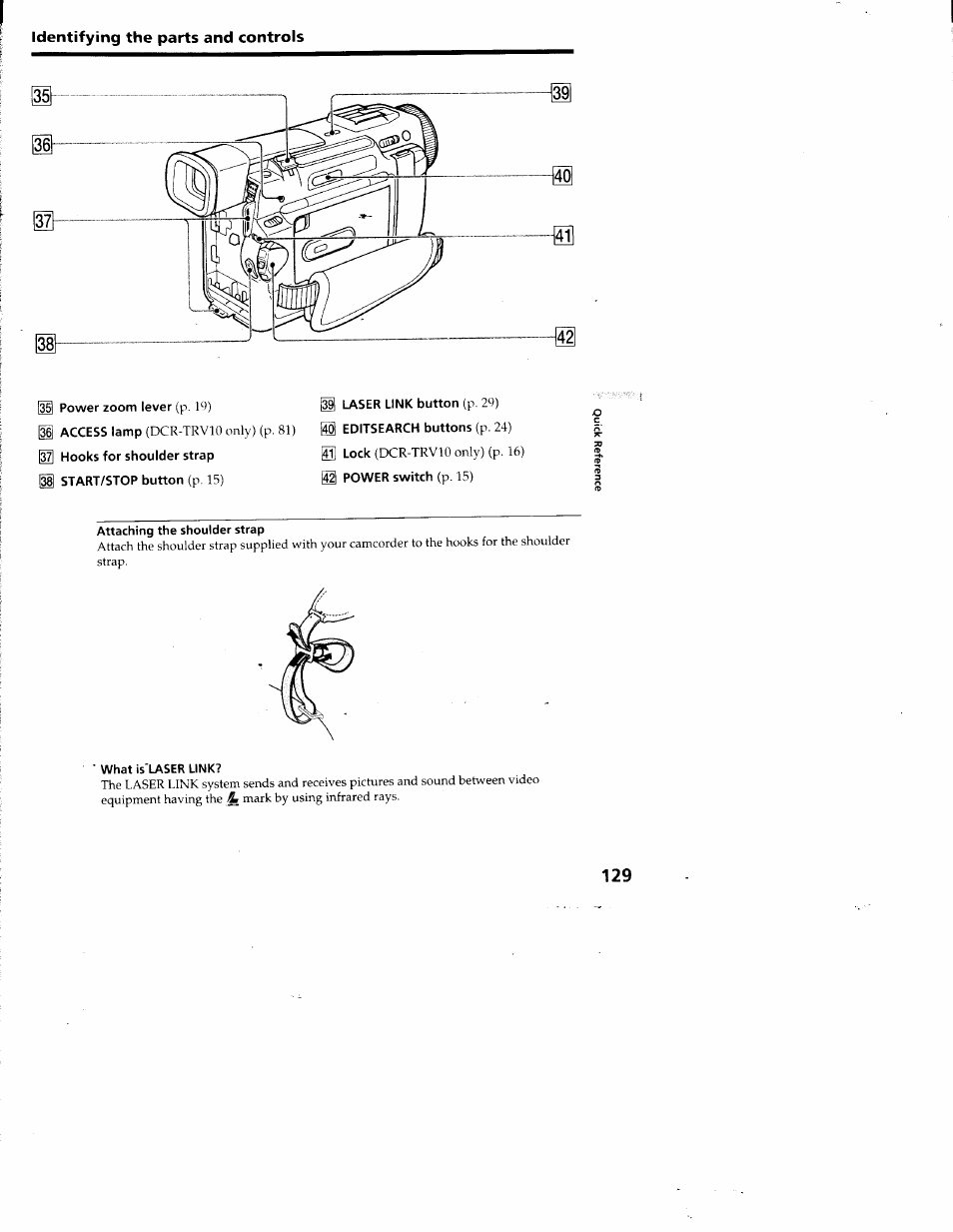 Power zoom lever (p. 19), Attaching the shoulder strap, What is'laser link | Identifying the parts and controls | Sony DCR-TRV10 User Manual | Page 127 / 163