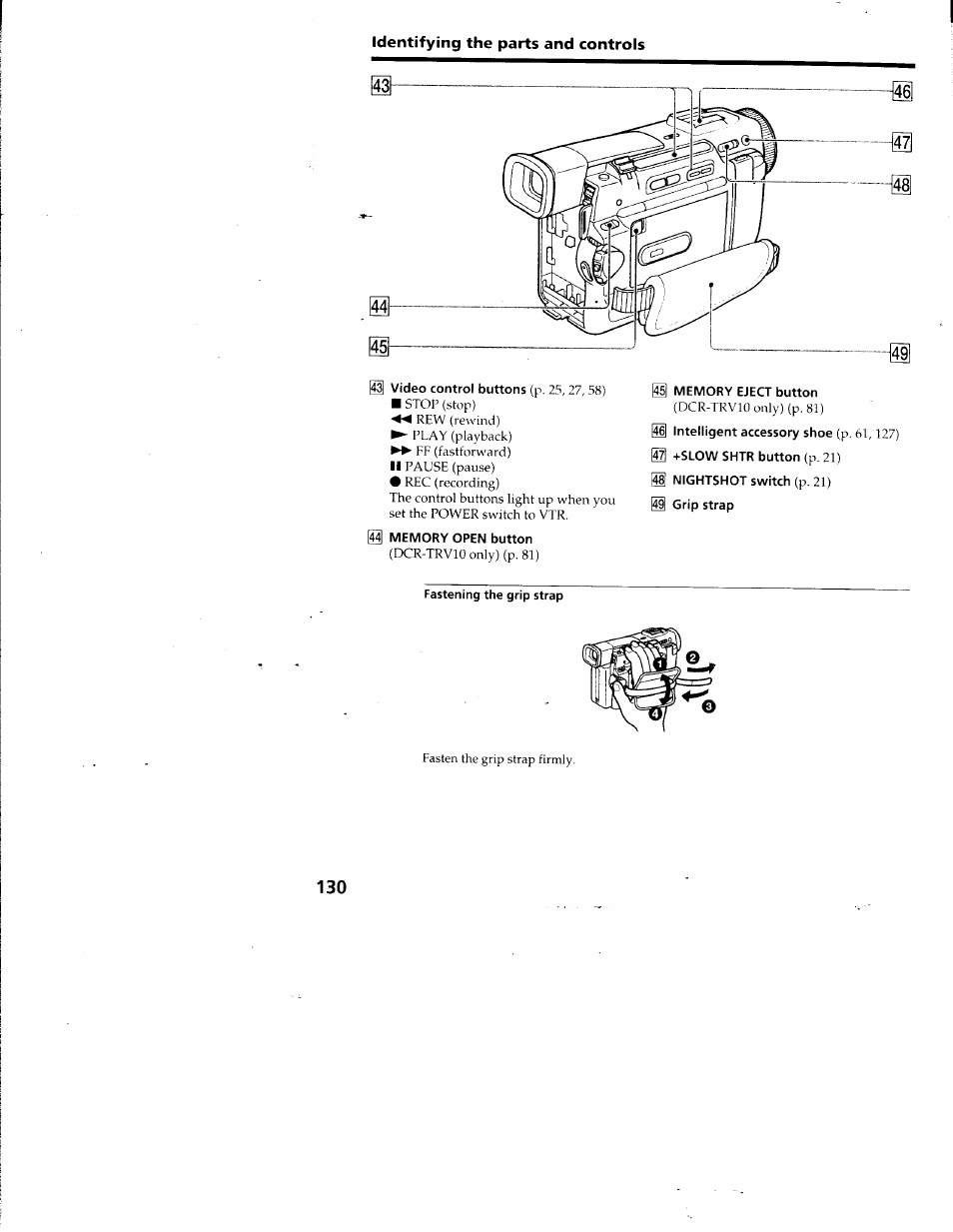 Memory open button, Memory eject button, Fastening the grip strap | Sony DCR-TRV10 User Manual | Page 128 / 163