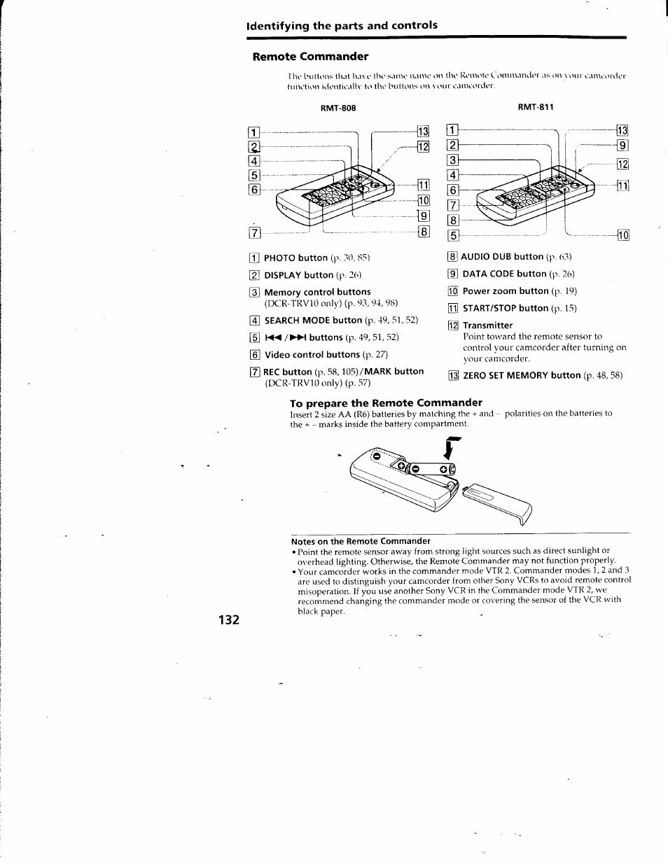 Remote commander, To prepare the remote commander, Identifying the parts and controls | Sony DCR-TRV10 User Manual | Page 130 / 163