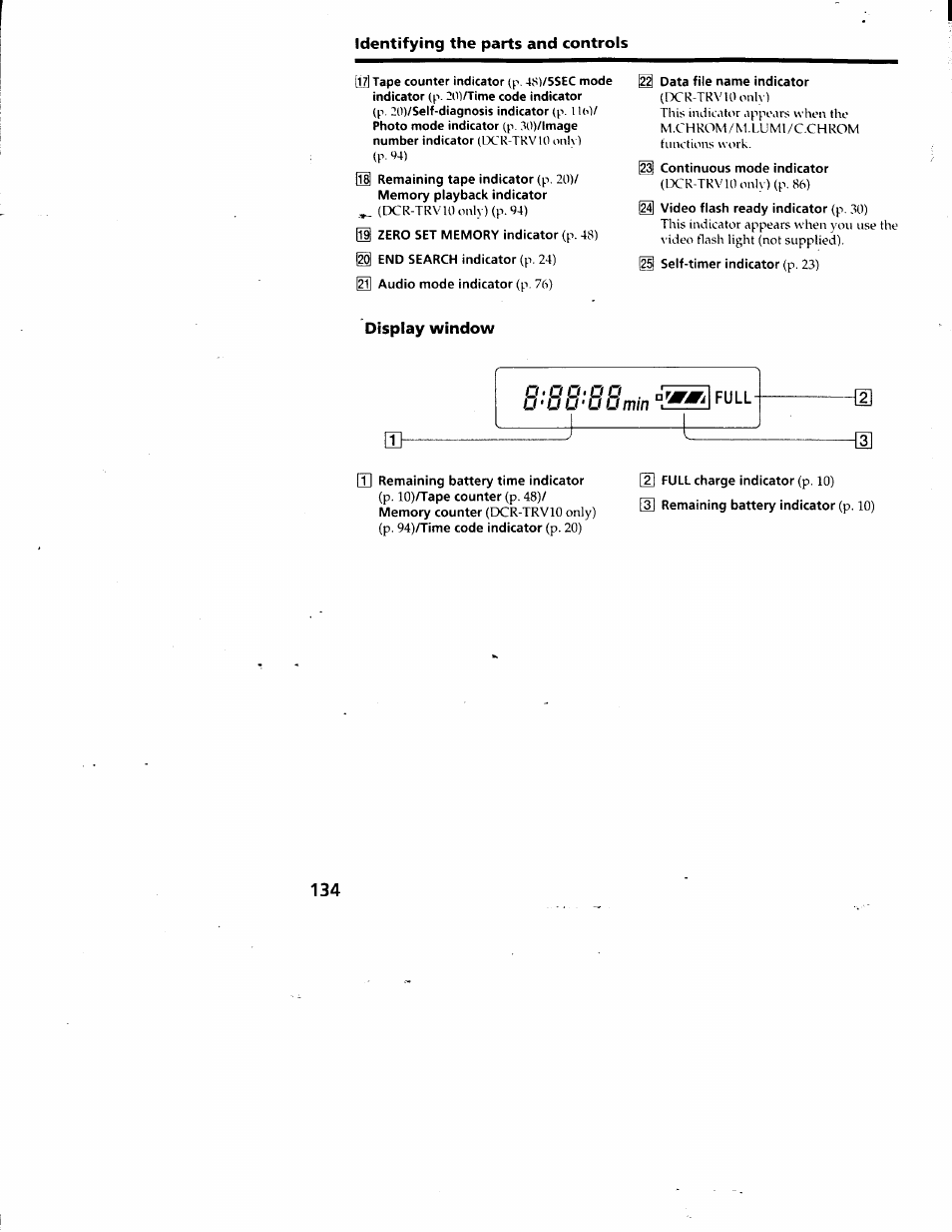 Display window, Full, Identifying the parts and controls | Sony DCR-TRV10 User Manual | Page 132 / 163