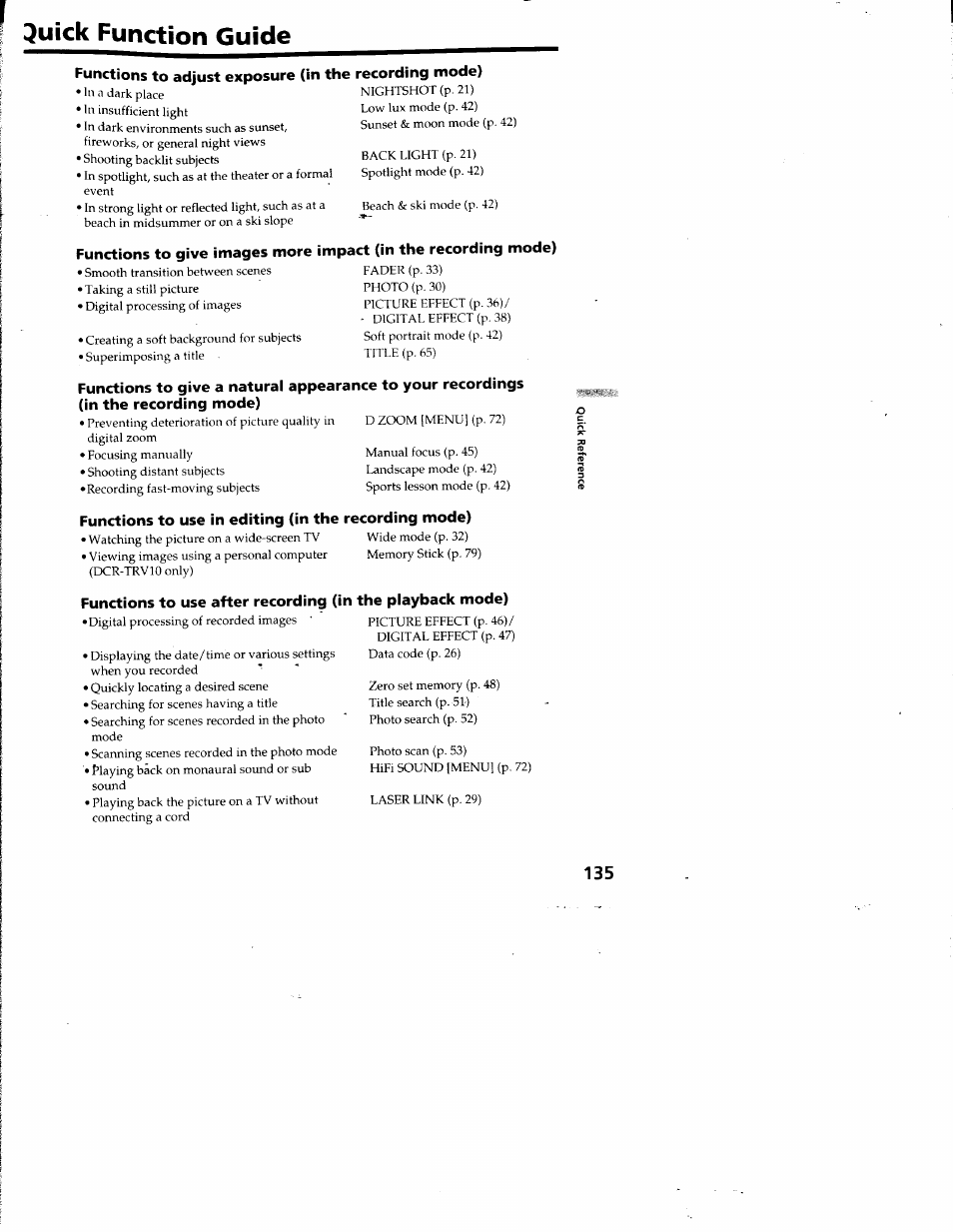 Uick function guide, Functions to use after recording (in, Quick fimction guide | Sony DCR-TRV10 User Manual | Page 133 / 163