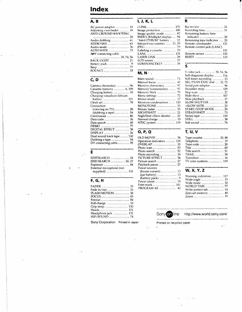 Index | Sony DCR-TRV10 User Manual | Page 134 / 163