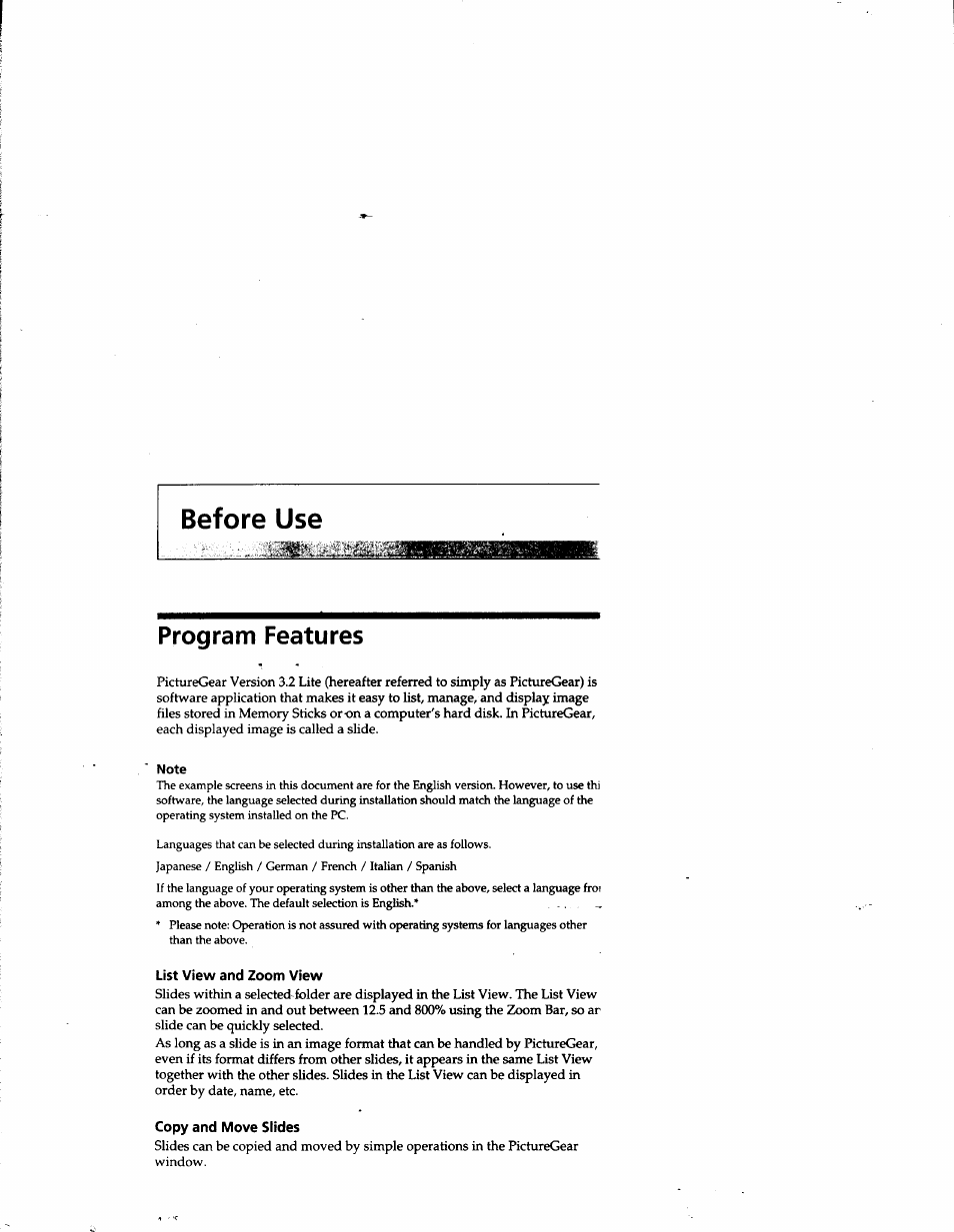 Before use, Program features, List view and zoom view | Copy and move slides | Sony DCR-TRV10 User Manual | Page 139 / 163