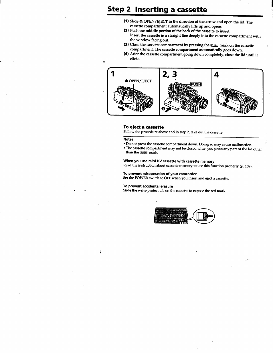 Step 2 inserting a cassette, St^ 2 inserting a cassette | Sony DCR-TRV10 User Manual | Page 14 / 163