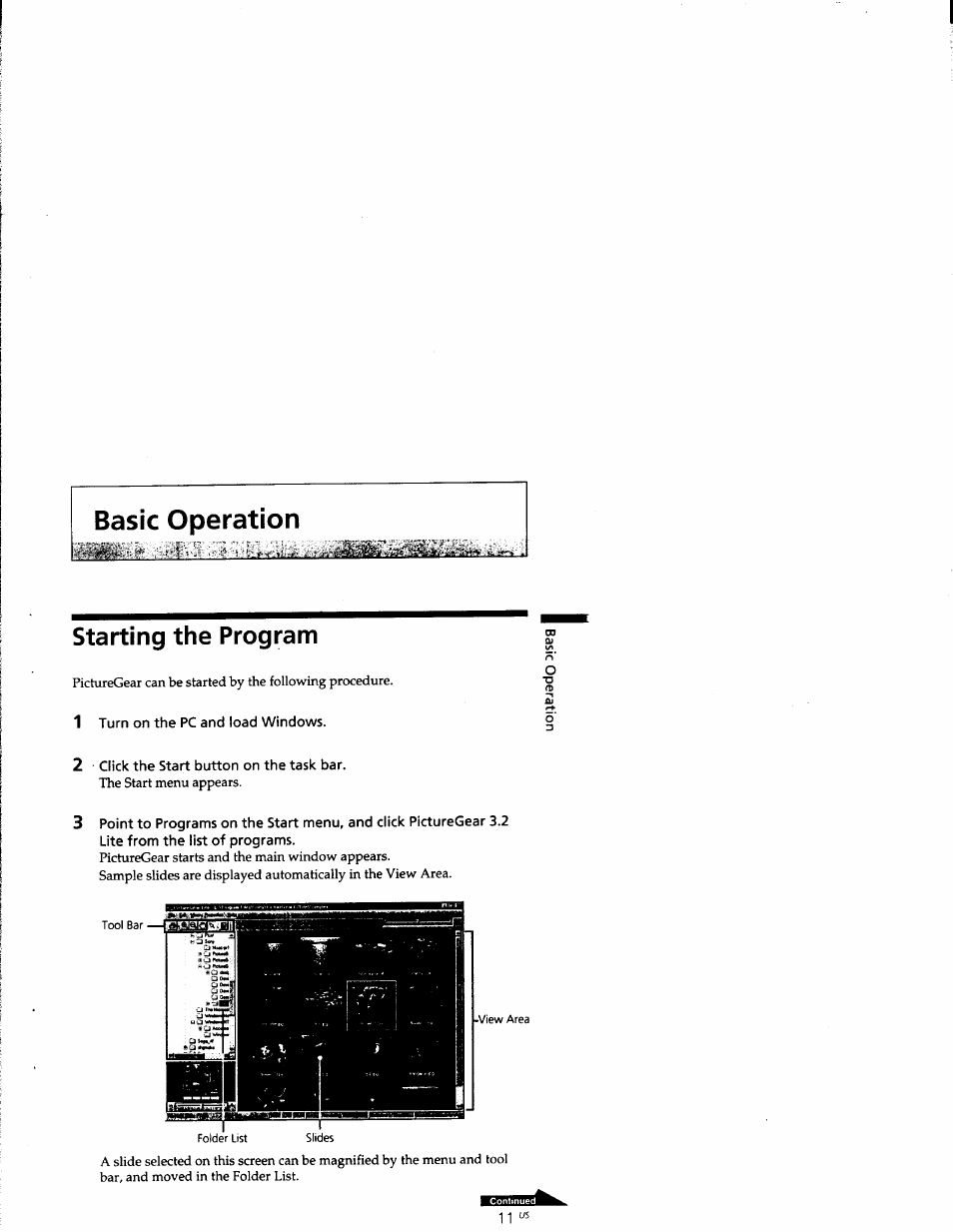 Starting the program, Basic operation, Turn on the pc and load windows | Click the start button on the task bar | Sony DCR-TRV10 User Manual | Page 146 / 163