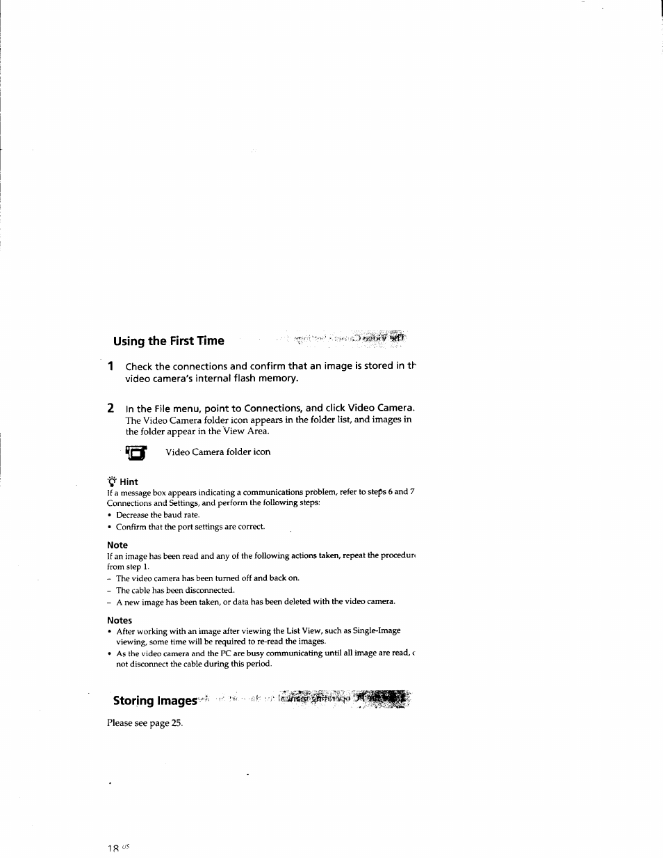 Using the first time, Storing images | Sony DCR-TRV10 User Manual | Page 153 / 163