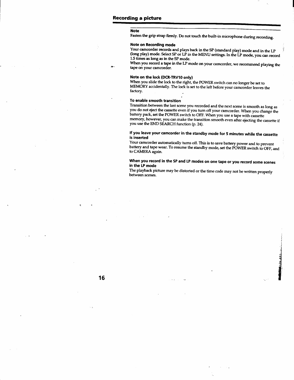 Note, Note on recording mode, Note on the lock (dcr-trv10 only) | To enable smooth transition, Recording a picture | Sony DCR-TRV10 User Manual | Page 16 / 163