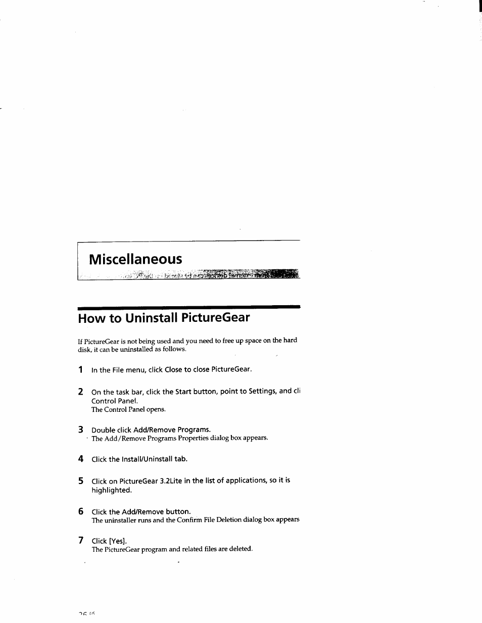 Miscellaneous, How to uninstall picturegear | Sony DCR-TRV10 User Manual | Page 161 / 163