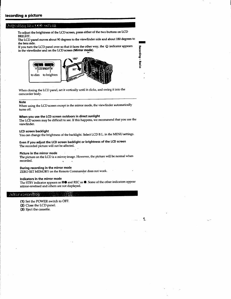 Note, Lcd screen backlight, Picture in the mirror mode | During recording in the mirror mode, Indicators in the mirror mode, Tecording a picture, Mirror mode) | Sony DCR-TRV10 User Manual | Page 17 / 163