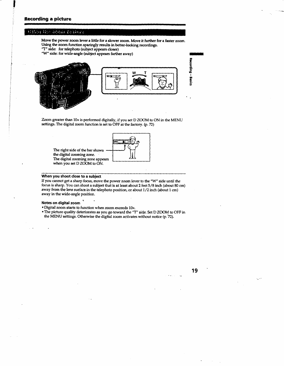 When you shoot close to a subject, Notes on digital zoom, Recording a picture | Sony DCR-TRV10 User Manual | Page 19 / 163