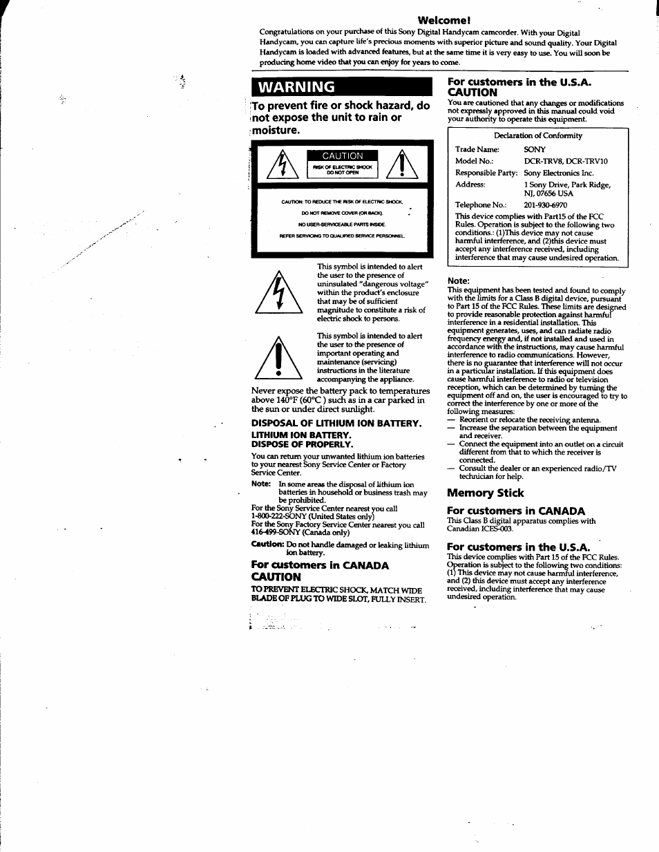 Welcome, For customers in canada caution, For customers in the u.s.a. caution | Memory stick, For customers in canada, For customers in the u.s.a, Warning | Sony DCR-TRV10 User Manual | Page 2 / 163