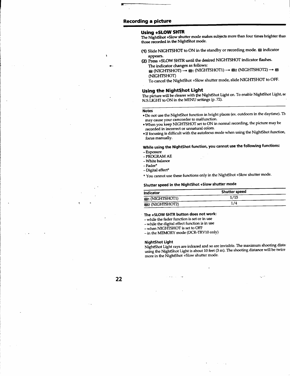 Using +slow shtr, Using the nightshot light, Notes | Recording a picture using +slow shtr | Sony DCR-TRV10 User Manual | Page 22 / 163