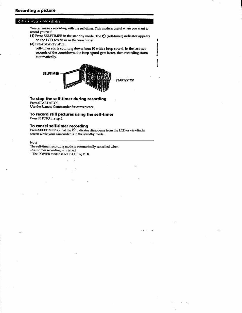To stop the self-timer during recording, To record still pictures using the self-timer, To cancel self-timer recording | Recording a picture | Sony DCR-TRV10 User Manual | Page 23 / 163