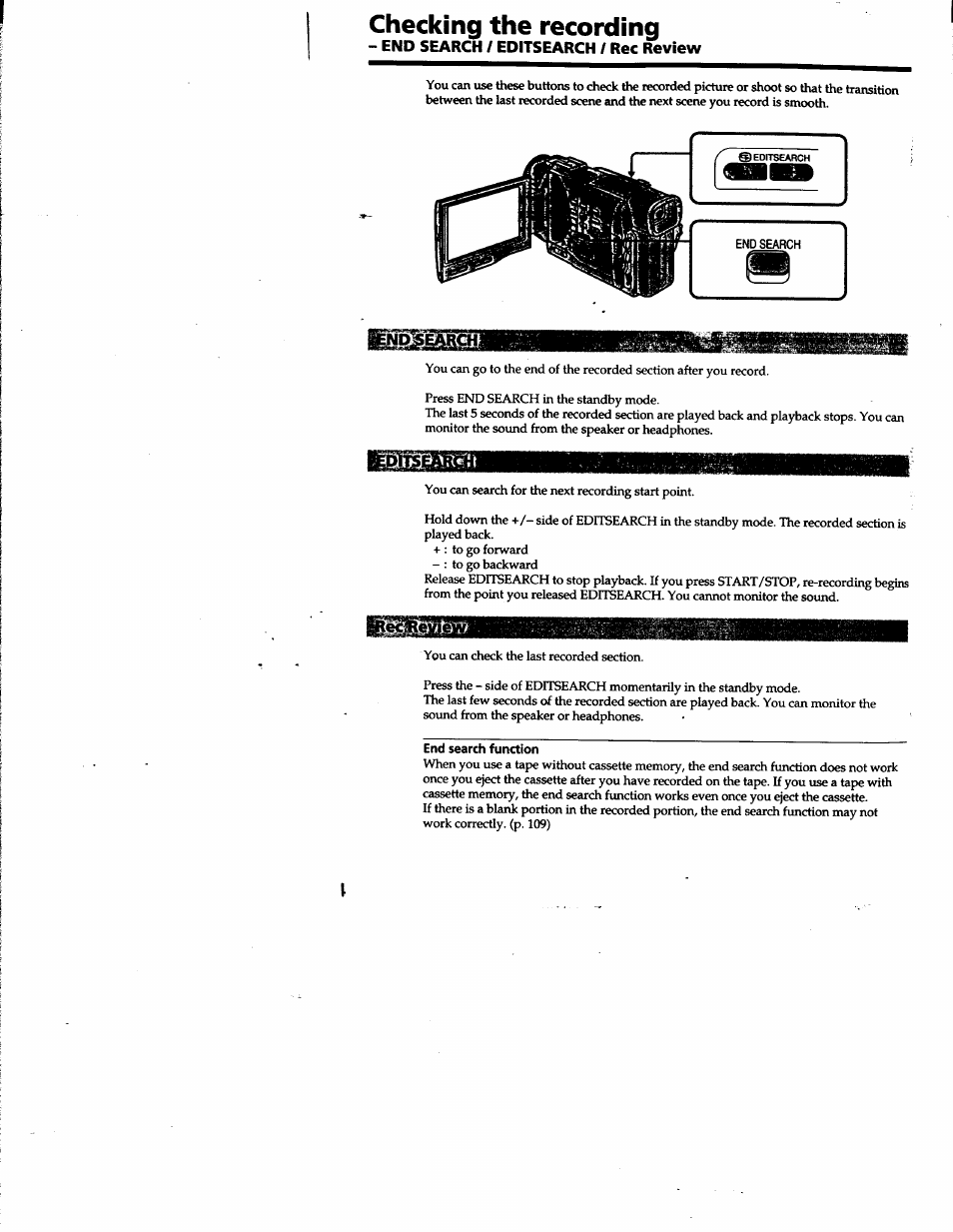 Checking the recording, End search / editsearch / rec review, End search function | Viewing the recording on tv | Sony DCR-TRV10 User Manual | Page 24 / 163