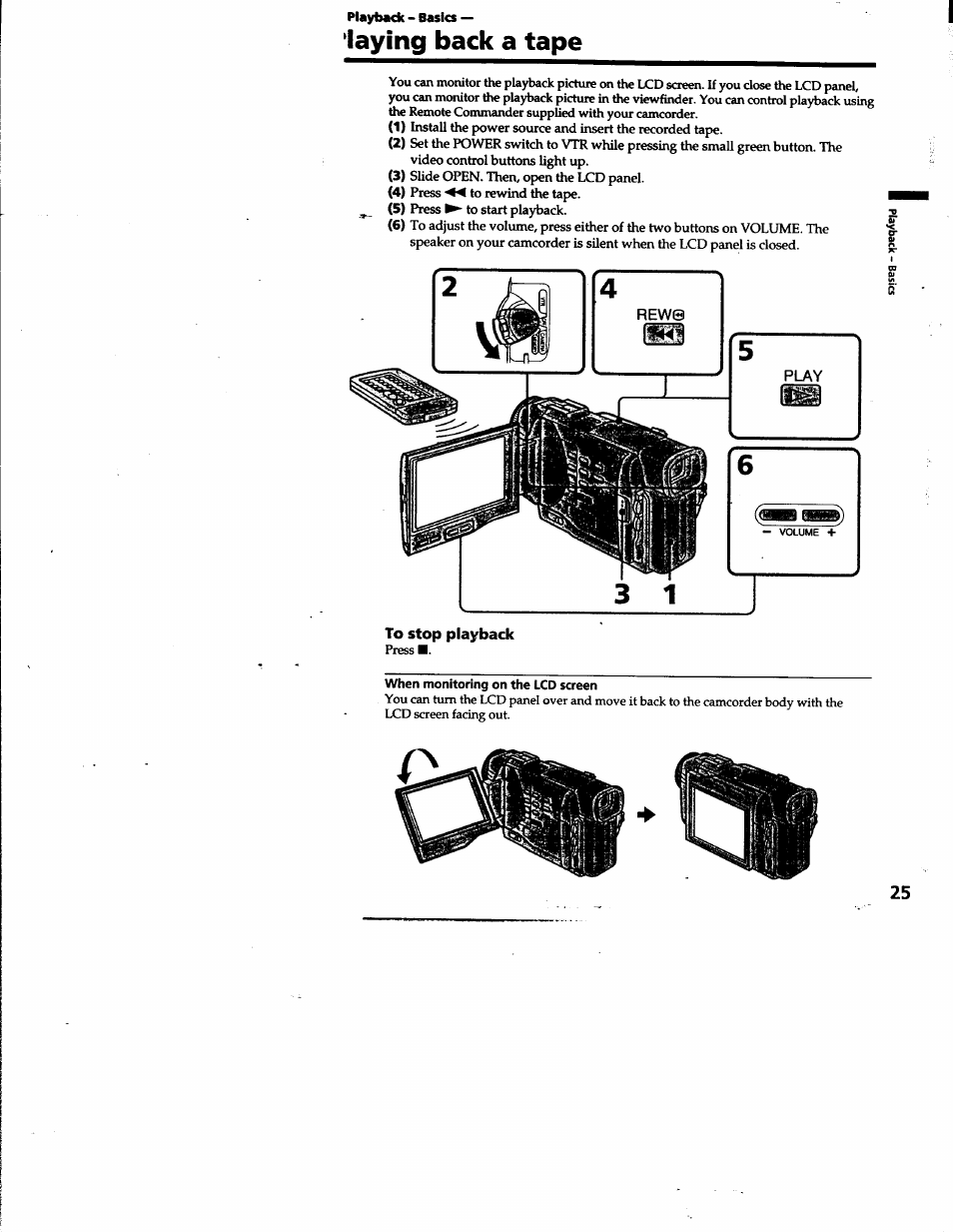 To stop playback, Laying back a tape | Sony DCR-TRV10 User Manual | Page 25 / 163