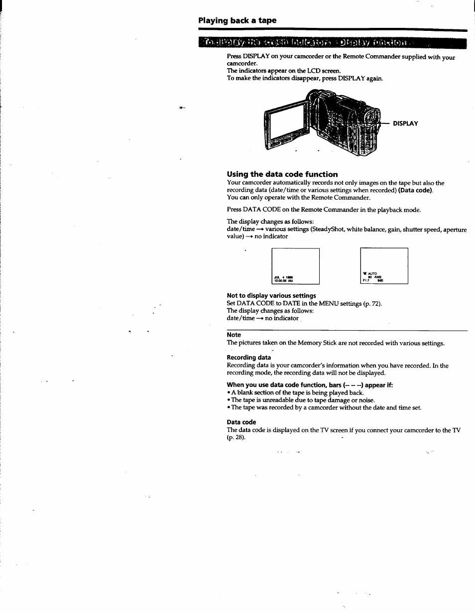 Using the data code function, Not to display various settings, Note | Recording data, Data code, Playing back a tape | Sony DCR-TRV10 User Manual | Page 26 / 163