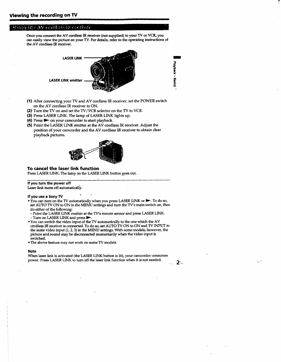 Viewing the recording on tv, To cancel the laser link function, If you turn the power off | Laser link turns off automaticau'y, If you use a sony tv, Note | Sony DCR-TRV10 User Manual | Page 29 / 163