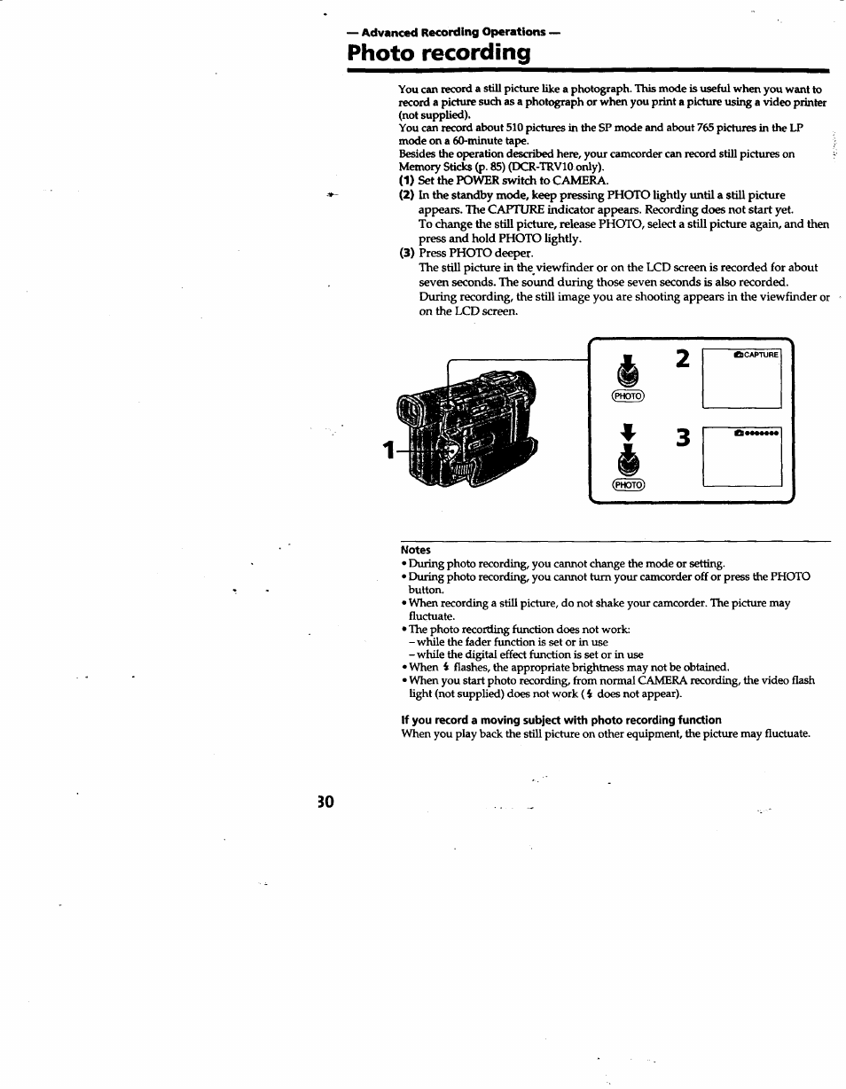 Photo recording | Sony DCR-TRV10 User Manual | Page 30 / 163