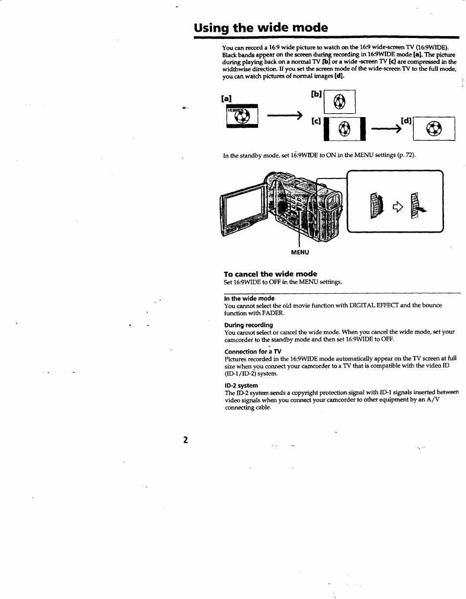 Using the wide mode, To cancel the wide mode, In the wide mode | During recording, Connection for a tv, Id-2 system | Sony DCR-TRV10 User Manual | Page 32 / 163