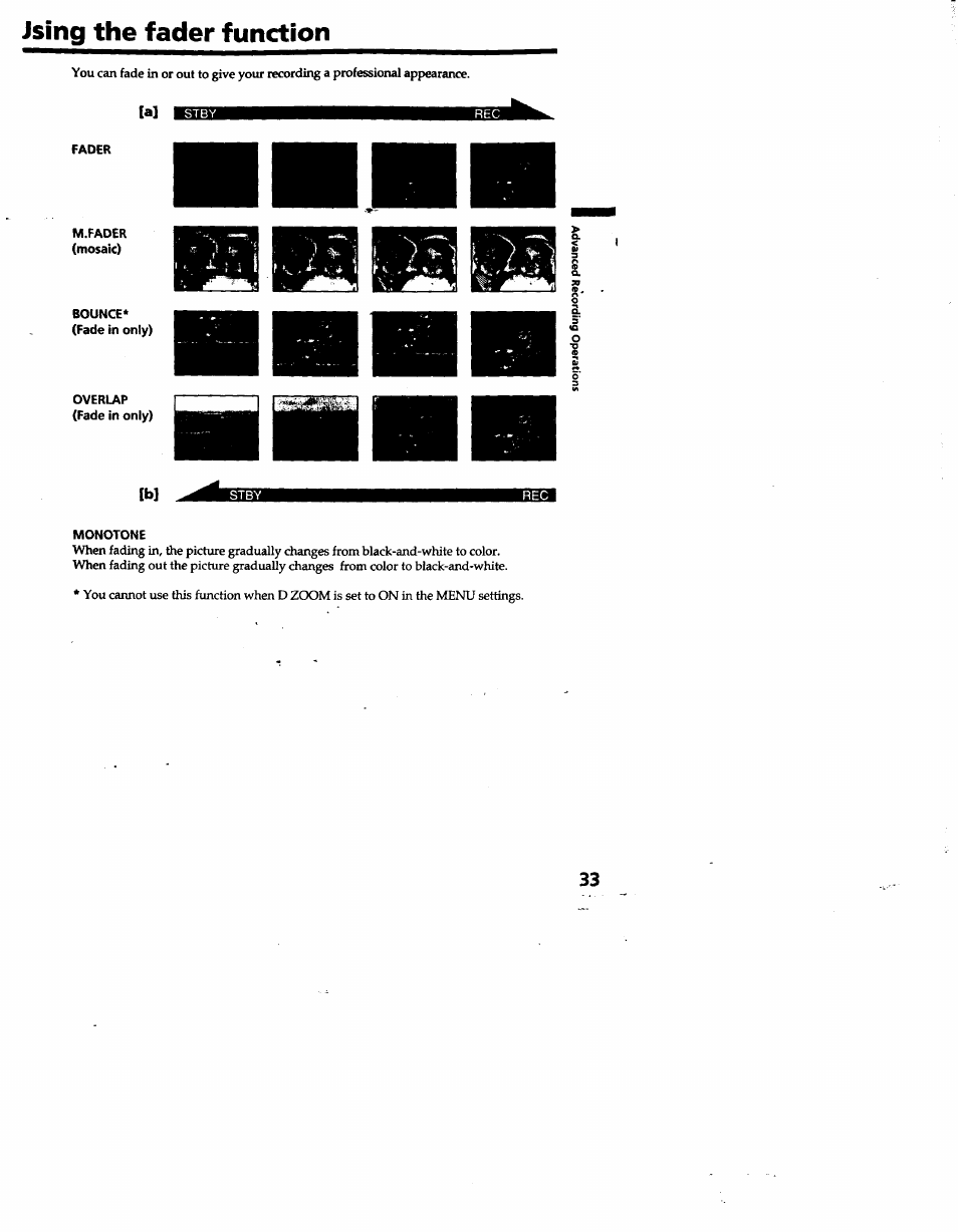 Jsing the fader function, Fader, M.fader | Mosaic), Monotone, Using the fader function | Sony DCR-TRV10 User Manual | Page 33 / 163