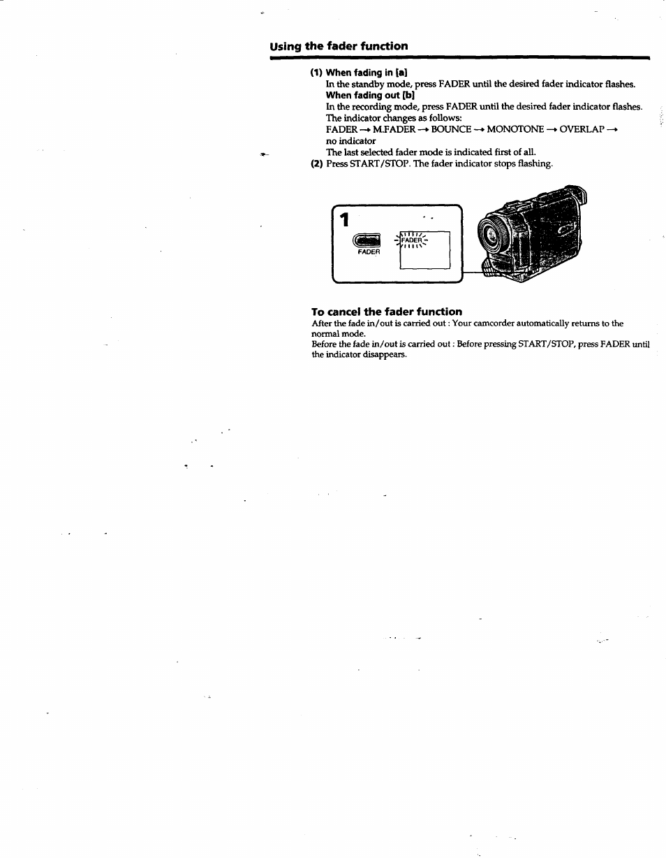 To cancel the fader function, Using the fader function (1) when fading in [a, When fading out [b | Sony DCR-TRV10 User Manual | Page 34 / 163