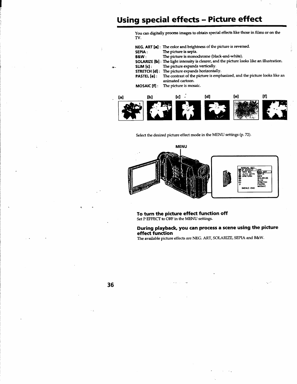 Using special effects - picture effect, To turn the picture effect function off | Sony DCR-TRV10 User Manual | Page 36 / 163