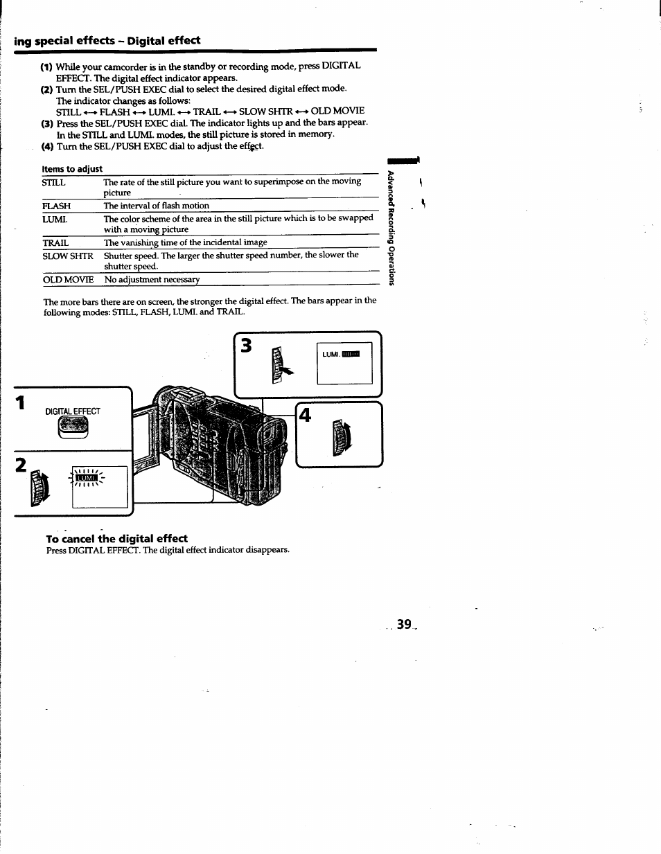 To cancel the digital effect, Ing special effects - digital effect | Sony DCR-TRV10 User Manual | Page 39 / 163