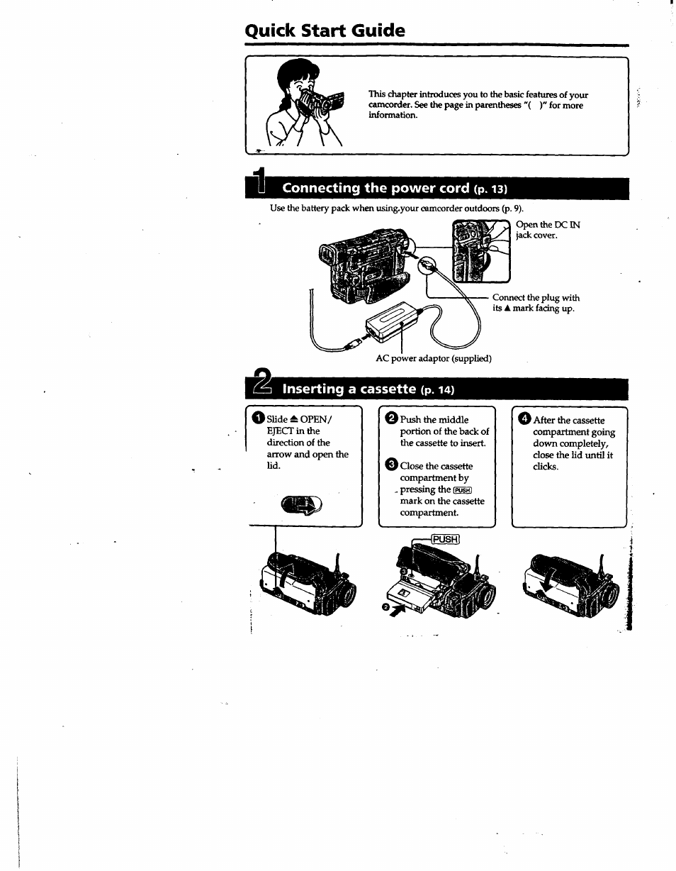 Quick start guide, Connecting the power cord (p. 13), Inserting a cassette (p. 14) | Osudeaopen | Sony DCR-TRV10 User Manual | Page 4 / 163