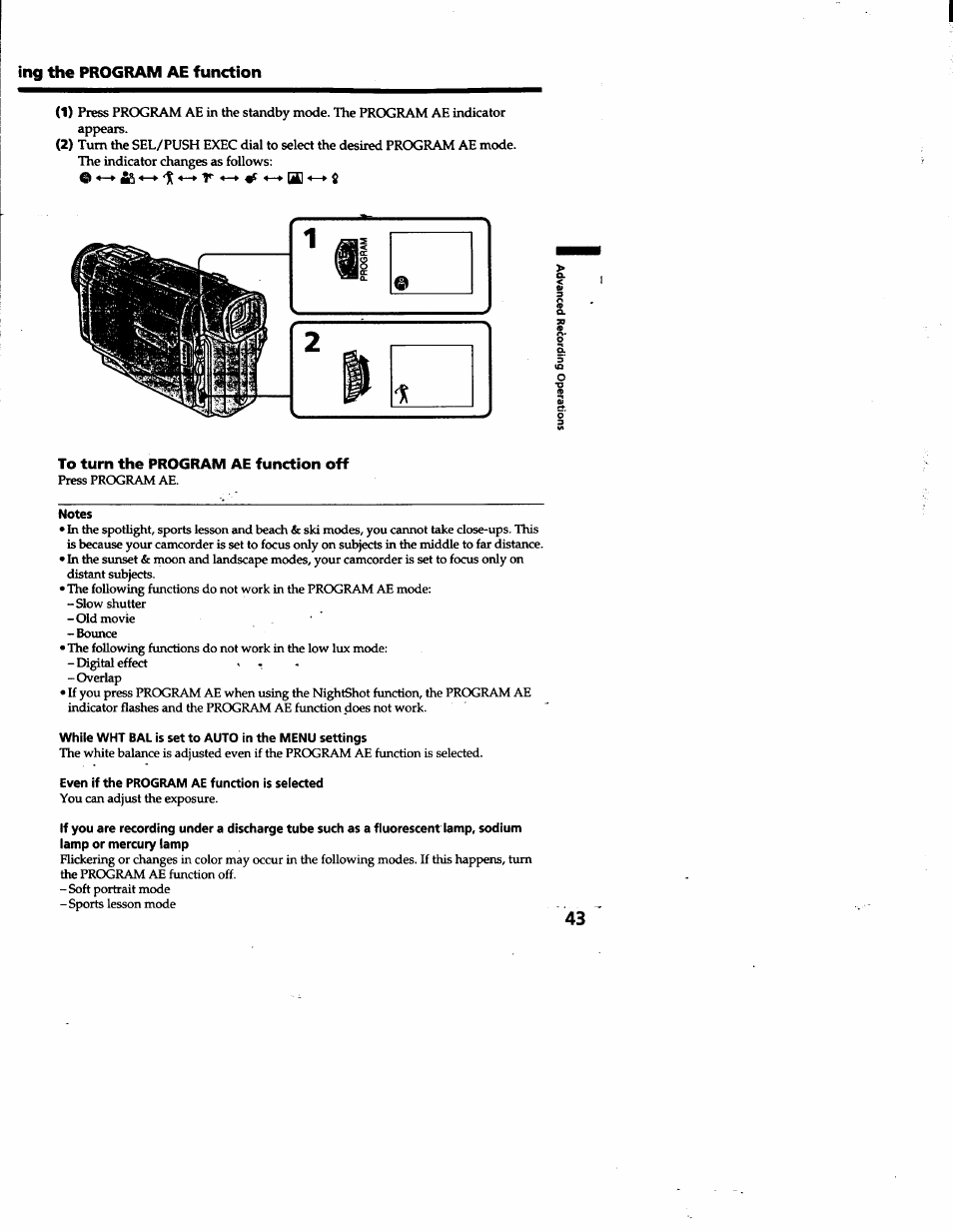 Ing the program ae function, To turn the program ae function off, Notes | While wht bal is set to auto in the menu settings, Even if the program ae function is selected | Sony DCR-TRV10 User Manual | Page 43 / 163