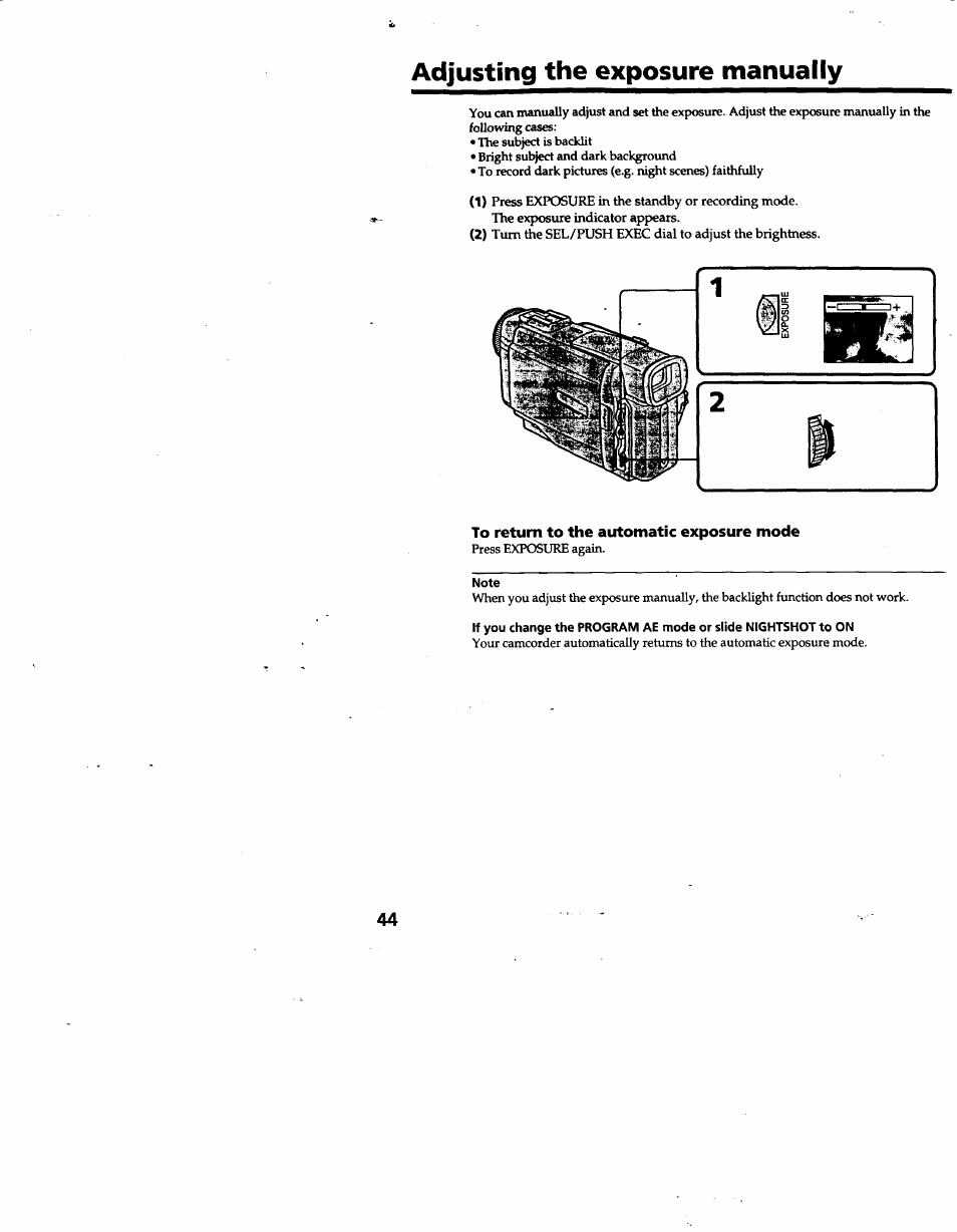 Adjusting the exposure manually, To return to the automatic exposure mode | Sony DCR-TRV10 User Manual | Page 44 / 163