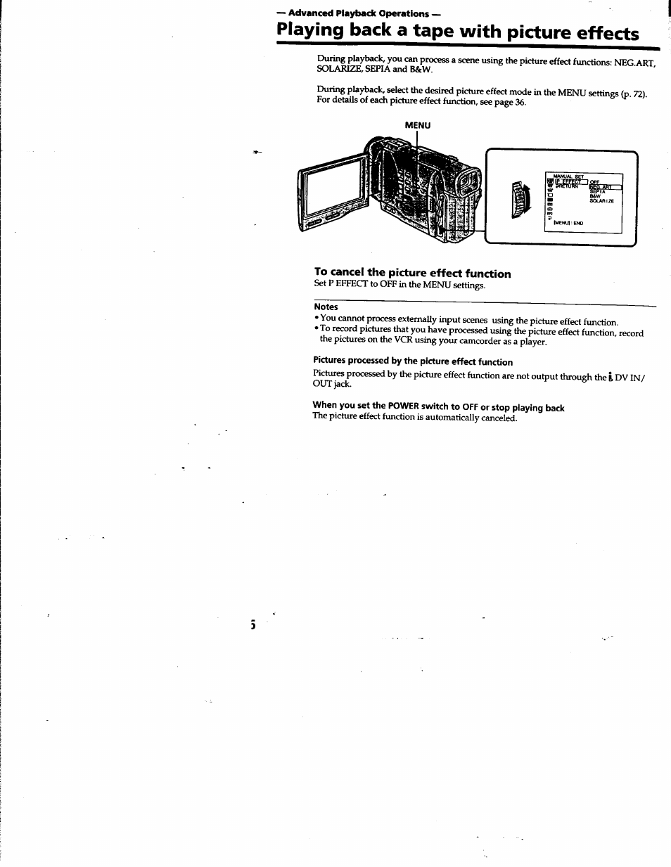 Playing back a tape with picture effects, To cancel the picture effect function, Notes | Pictures processed by the picture effect function, Advanced playback operations | Sony DCR-TRV10 User Manual | Page 46 / 163