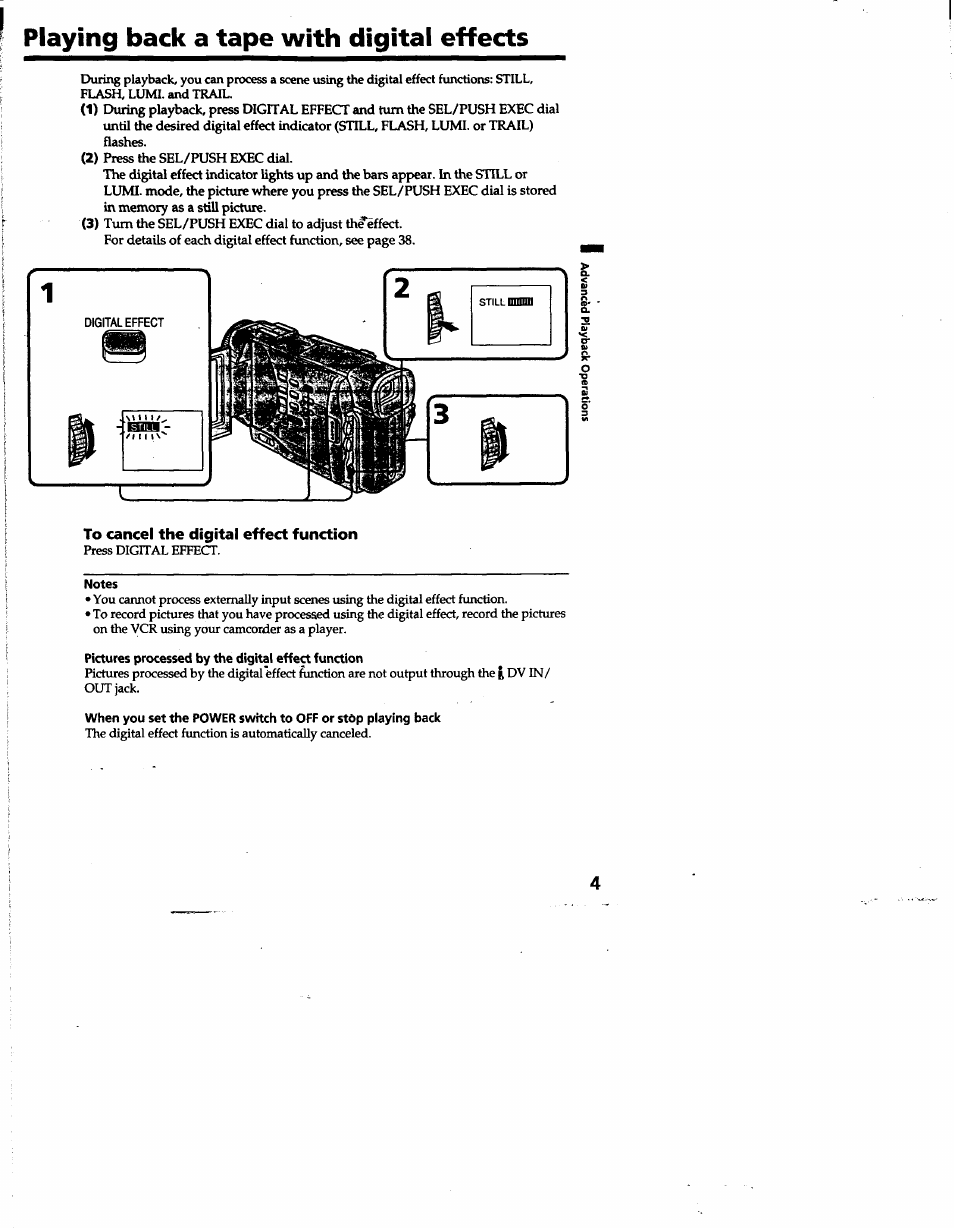 Playing back a tape with digital effects, Digital effect, To cancel the digital effect function | Notes, Pictures processed by the digital effect function | Sony DCR-TRV10 User Manual | Page 47 / 163