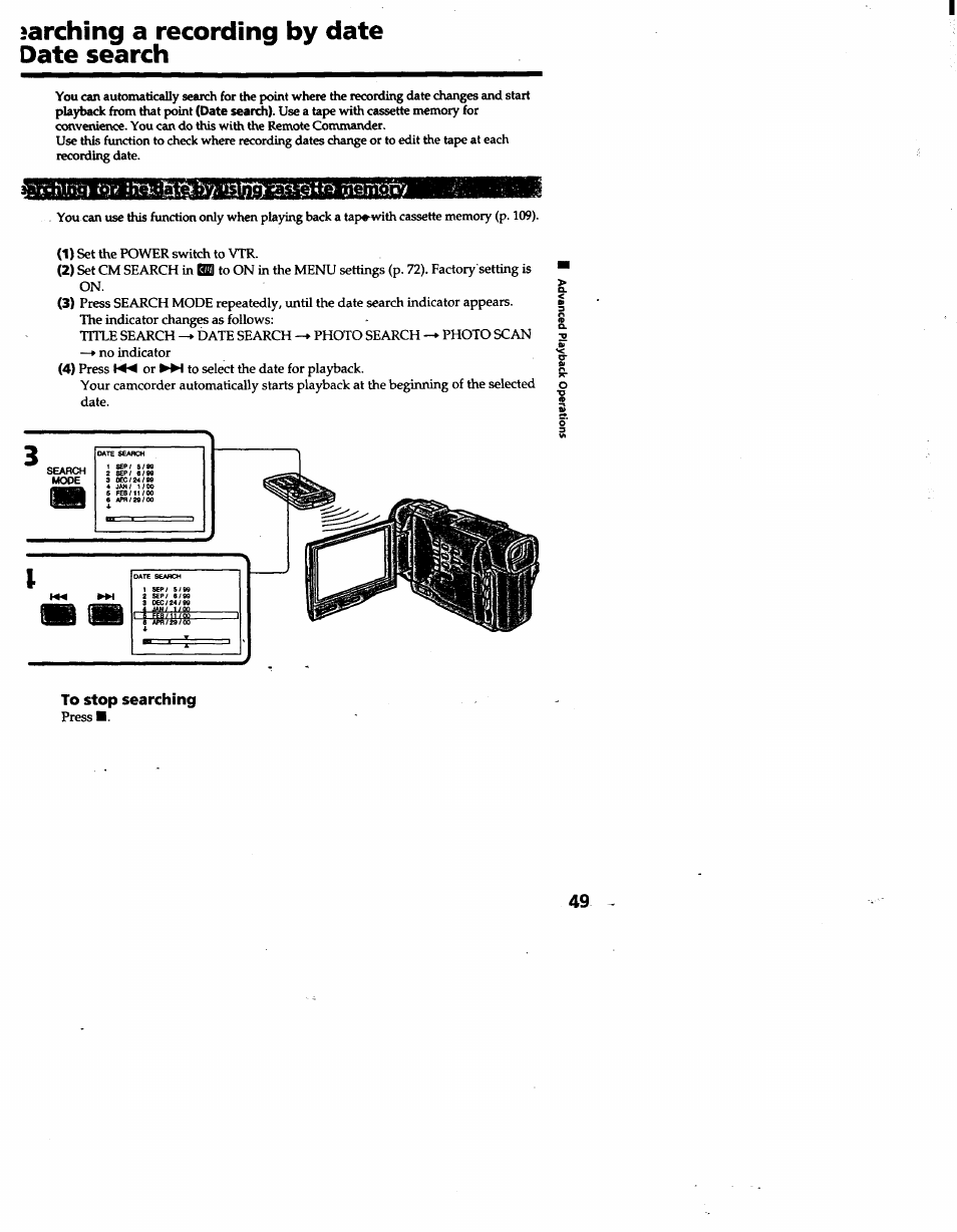 Îarching a recording by date date search, To stop searching | Sony DCR-TRV10 User Manual | Page 49 / 163